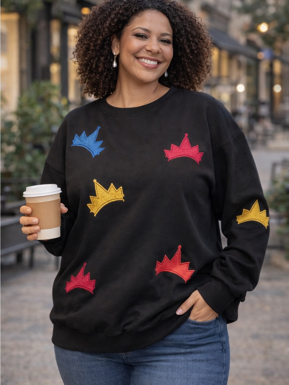 Colorful Crown Embroidered Black Sweater